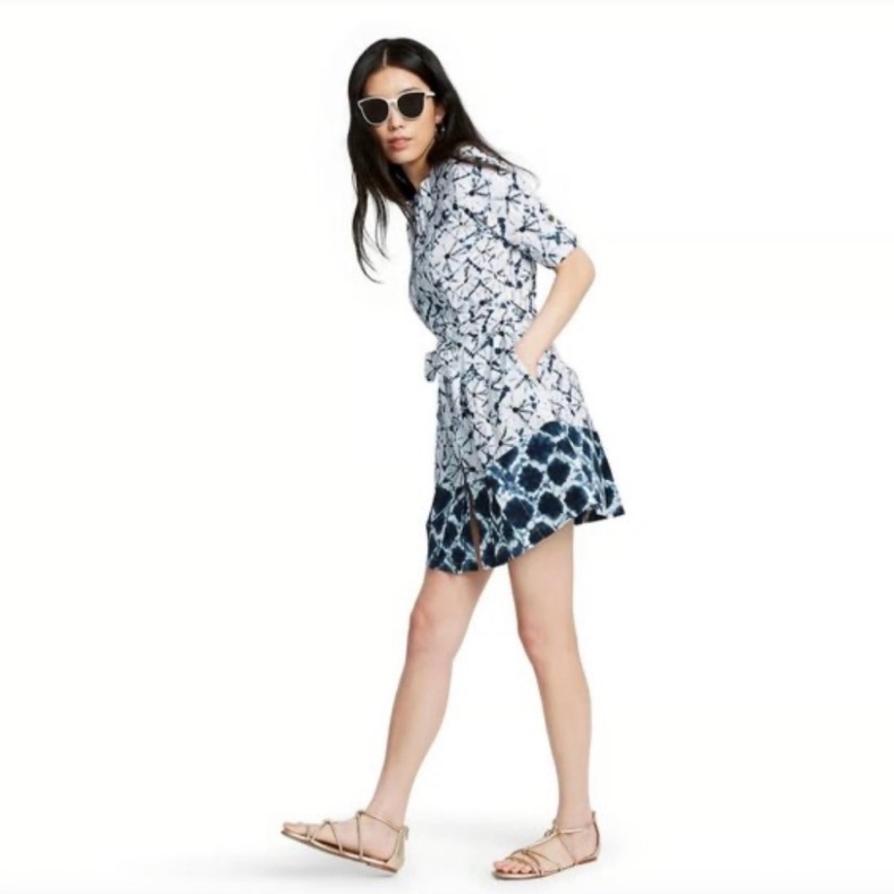 Thakoon M Blue & White Tie Dye Print w Tie Belt Graduation Dress Wedding Office